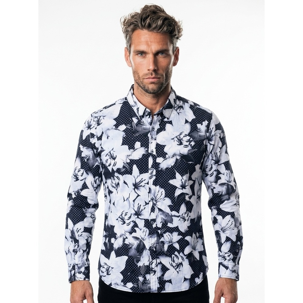PS Paul Smith Mens XXL Floral Lily Print Button Down Shirt Black White Portugal